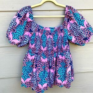 Simply Southern Floral Flamingo Print, Women’s Smocked, Puff Sleeve, Peplum Top